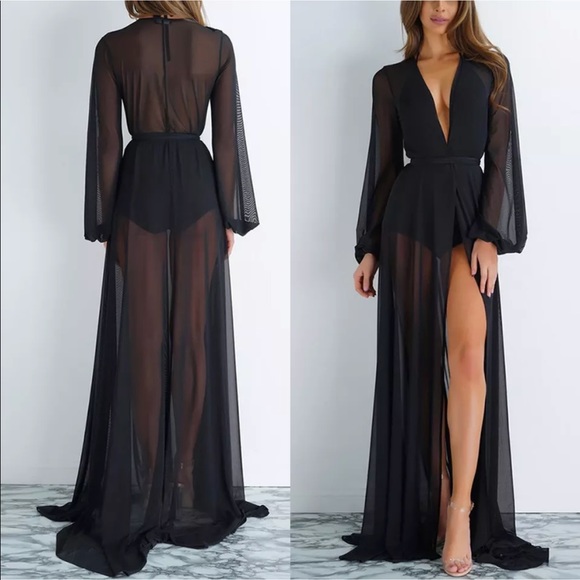 Black sheer robe yacht cruise Pinup old Hollywood lingerie beach lounge duster